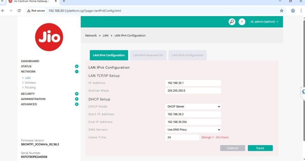 LAN IPv4 Configuration Settings in ISP Router